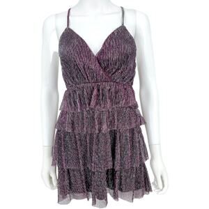 Lulus Dress Women Size Small Glowing Gorgeous Mini Magenta Metallic Tiered NWT